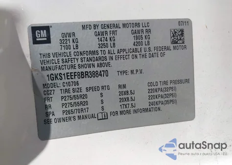 2011 GMC Yukon Denali из США, поврежденный, VIN 1GKS1EEF8BR388470